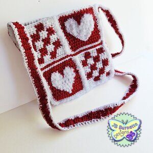 Homemade Crochet Hearts and Checks Crossbody Bag, Cute Purse